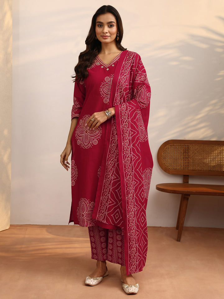 Red Bandhani Printed Cotton Suit Set With Dupatta