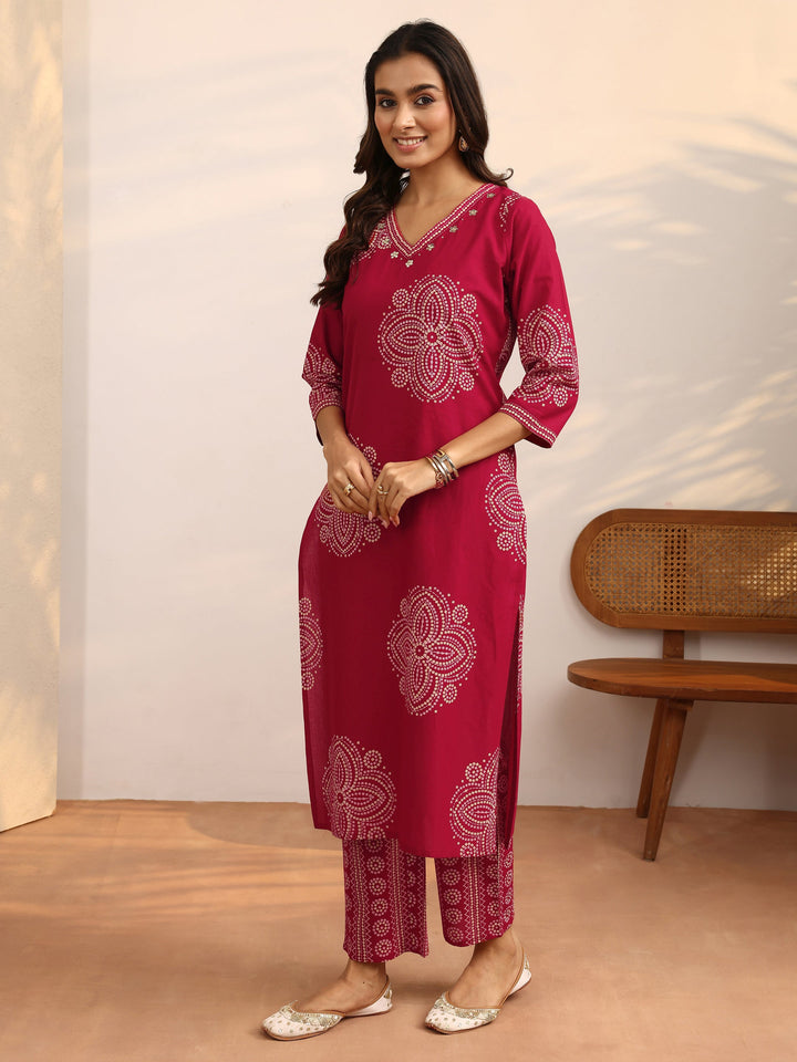 Red Bandhani Printed Cotton Suit Set With Dupatta