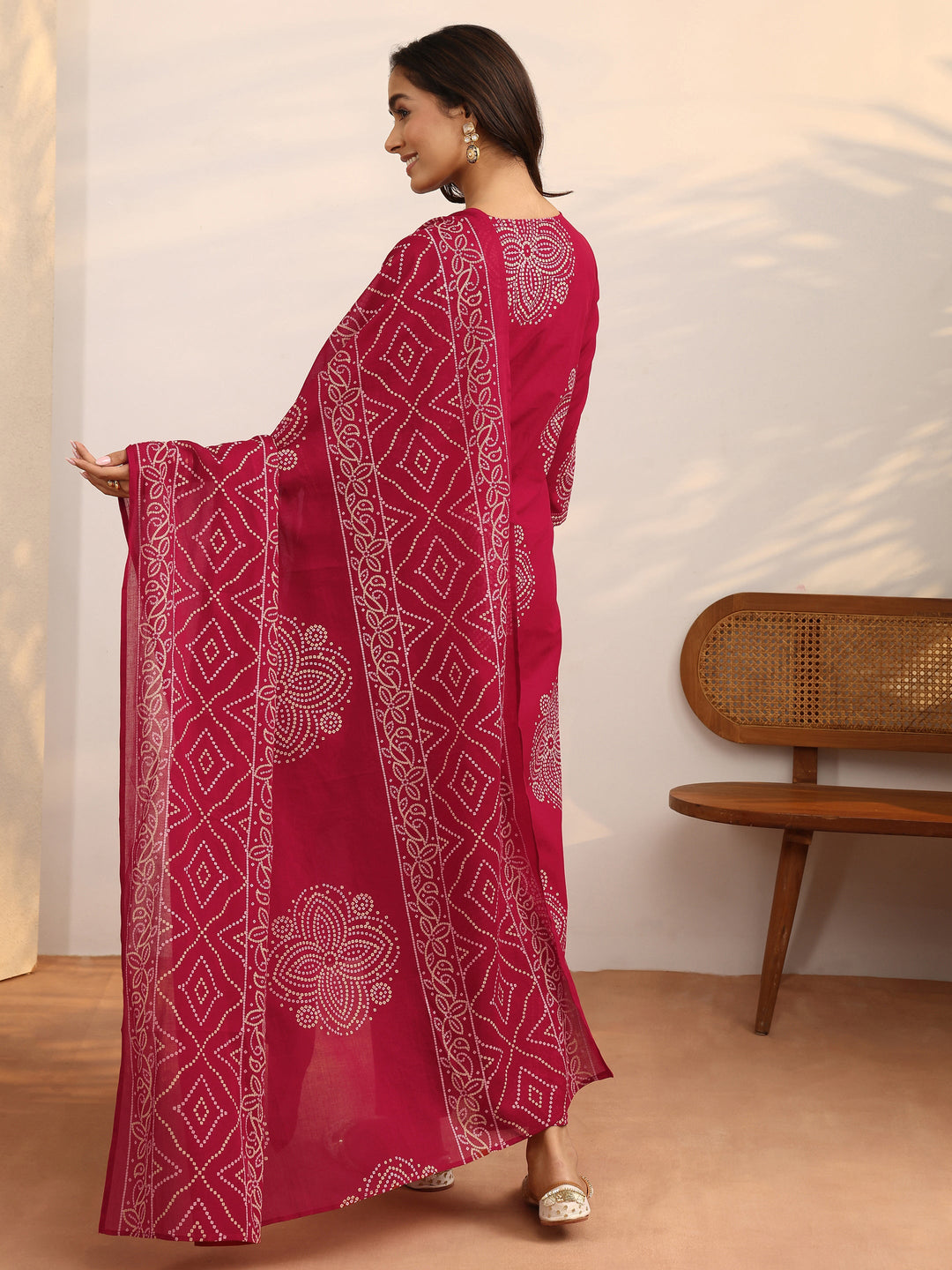Red Bandhani Printed Cotton Suit Set With Dupatta