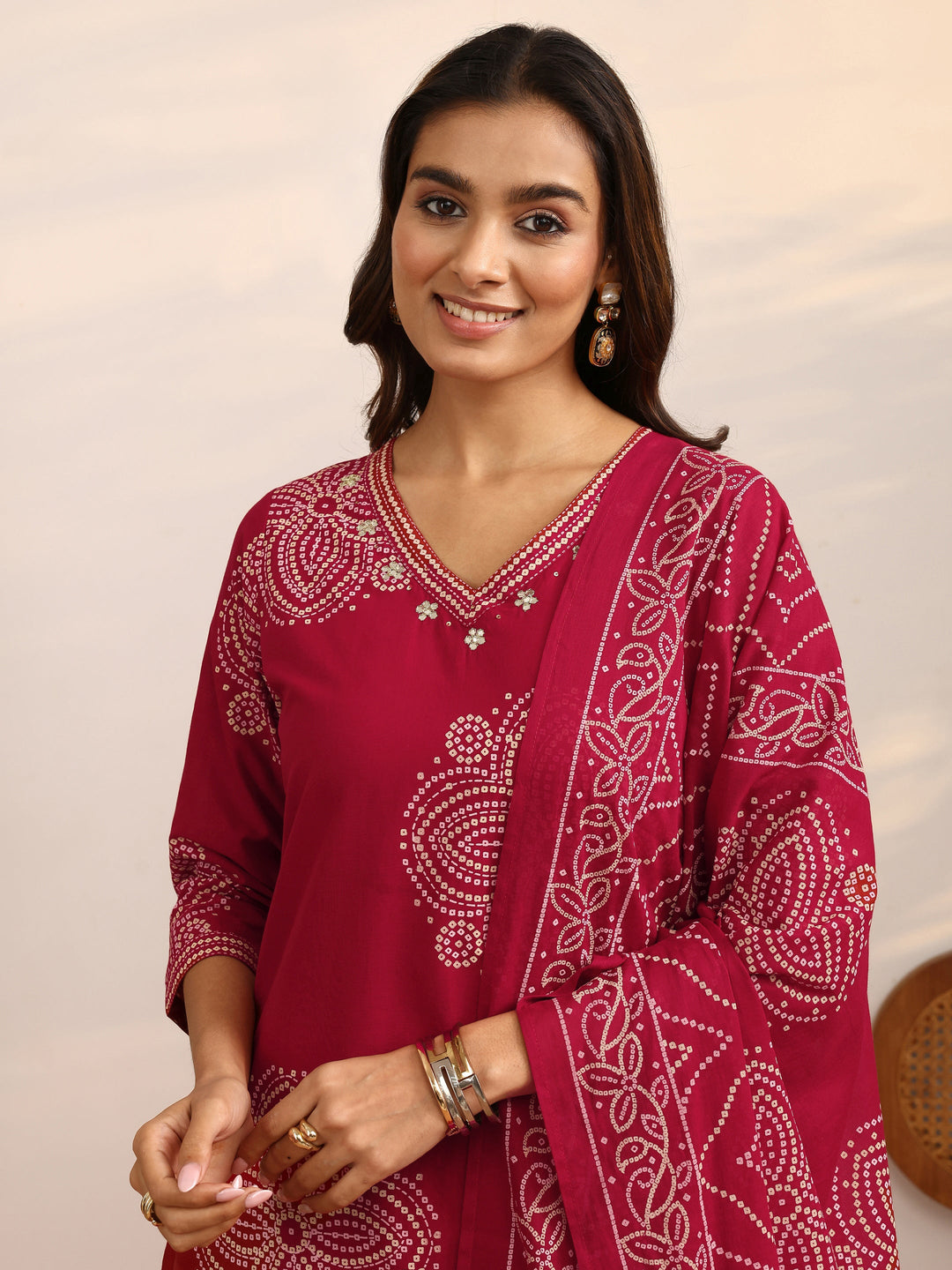 Red Bandhani Printed Cotton Suit Set With Dupatta