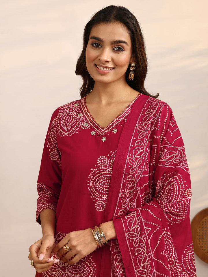 Red Bandhani Printed Cotton Suit Set With Dupatta