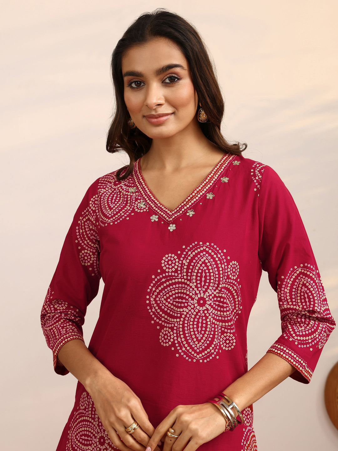 Red Bandhani Printed Cotton Suit Set With Dupatta