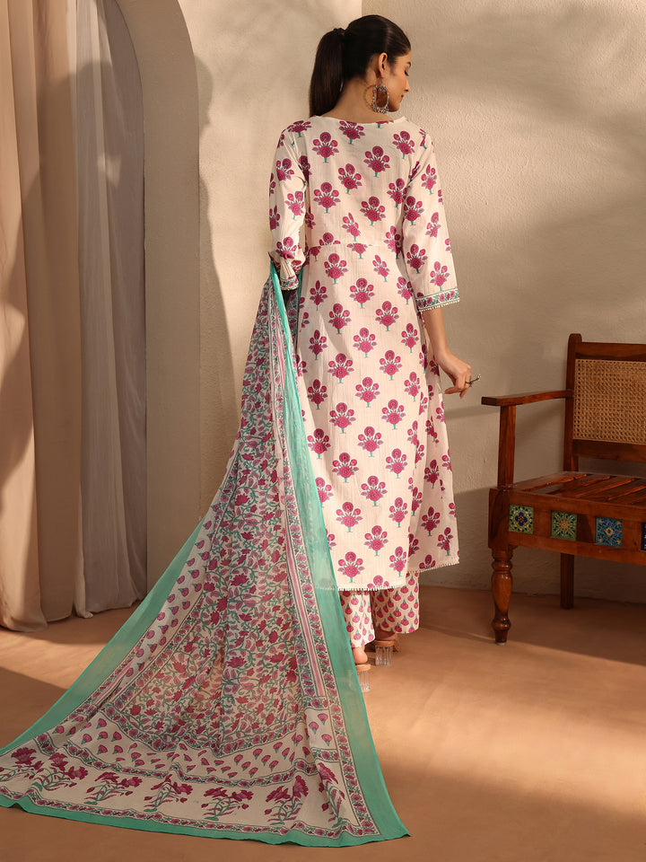 White Printed Cotton Anarkali Suit Set With Dupatta