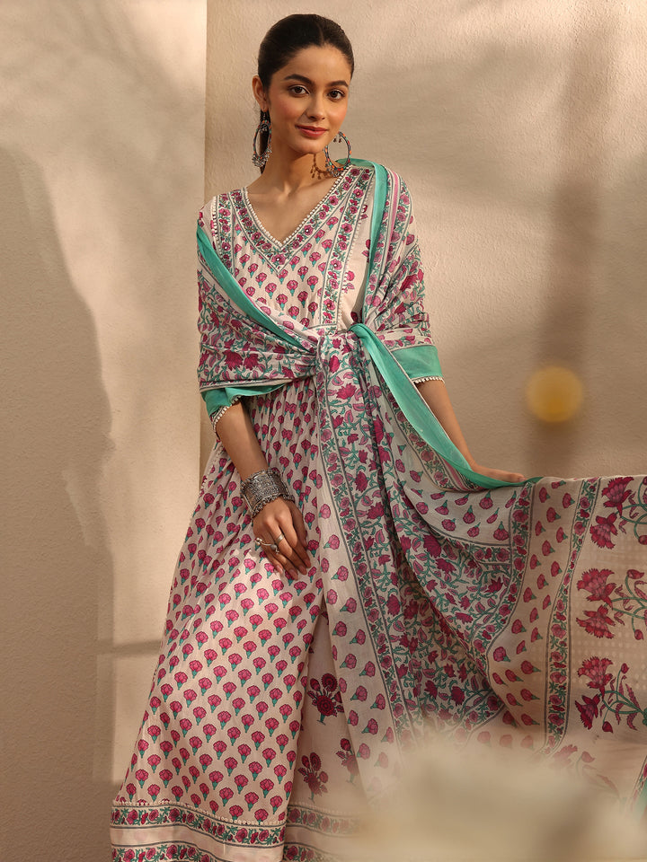 White Printed Cotton Anarkali Suit Set With Dupatta