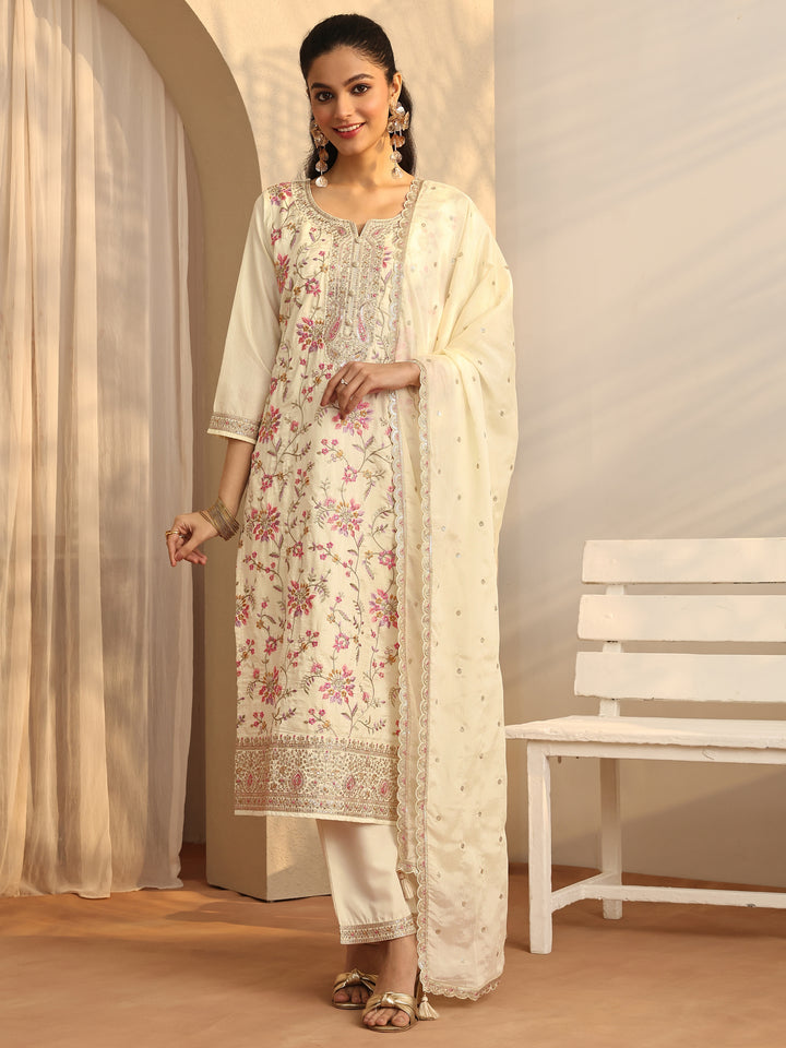 Off White Embroidered Silk Blend Straight Suit Set With Dupatta