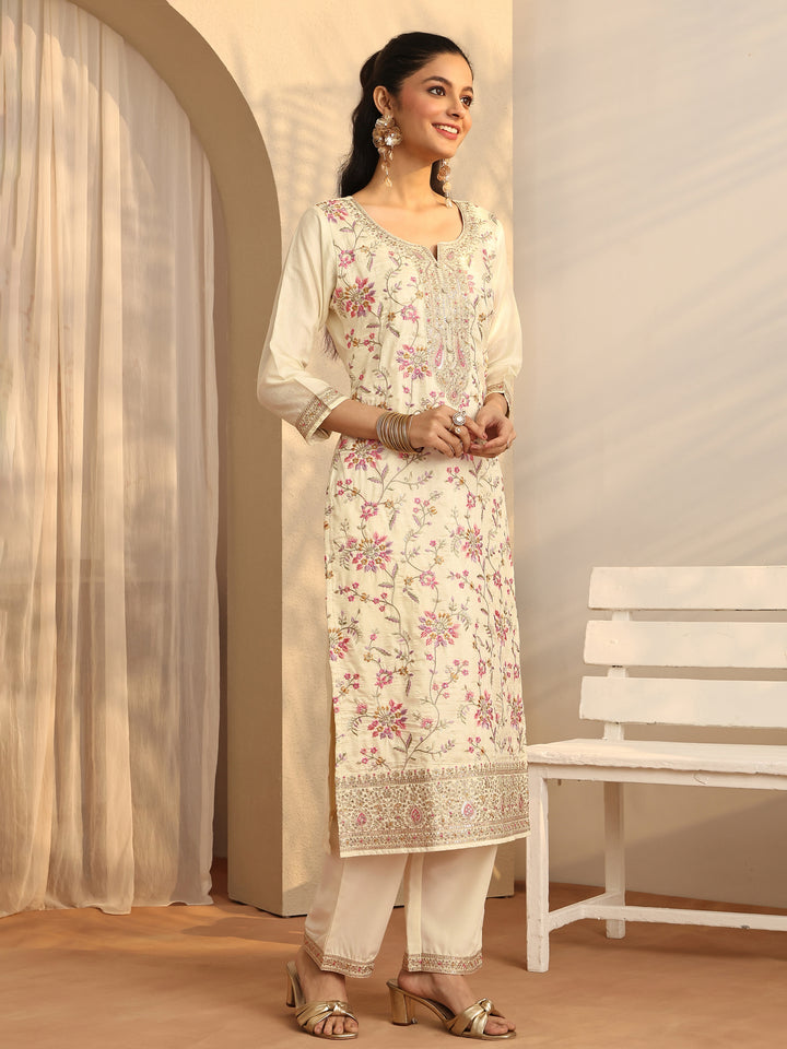 Off White Embroidered Silk Blend Straight Suit Set With Dupatta