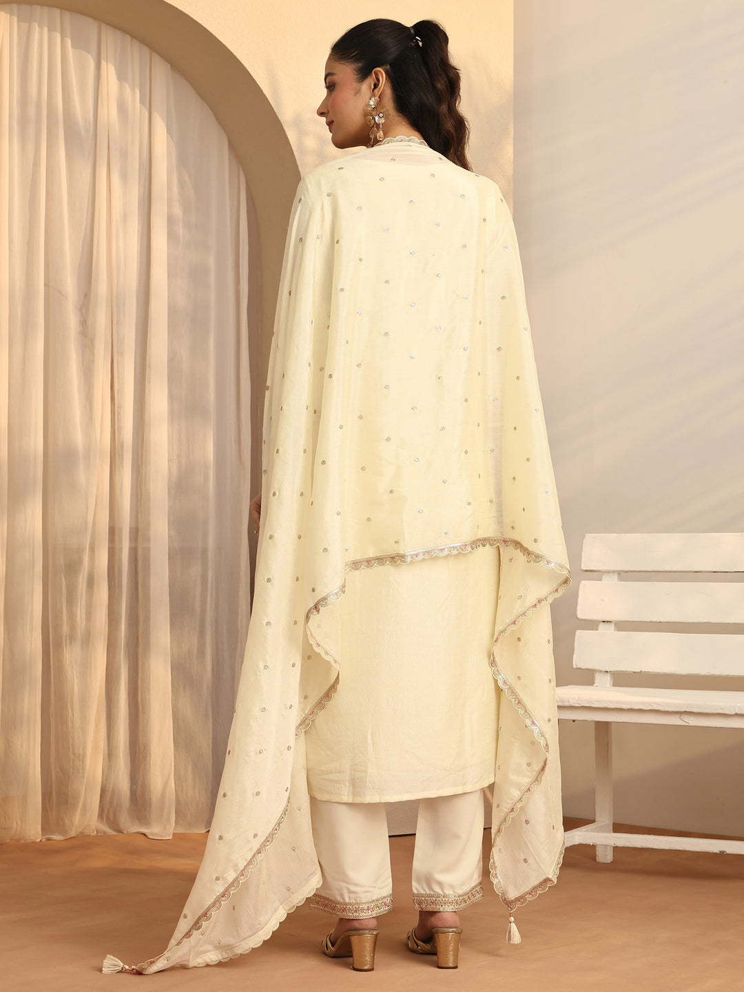 Off White Embroidered Silk Blend Straight Suit Set With Dupatta