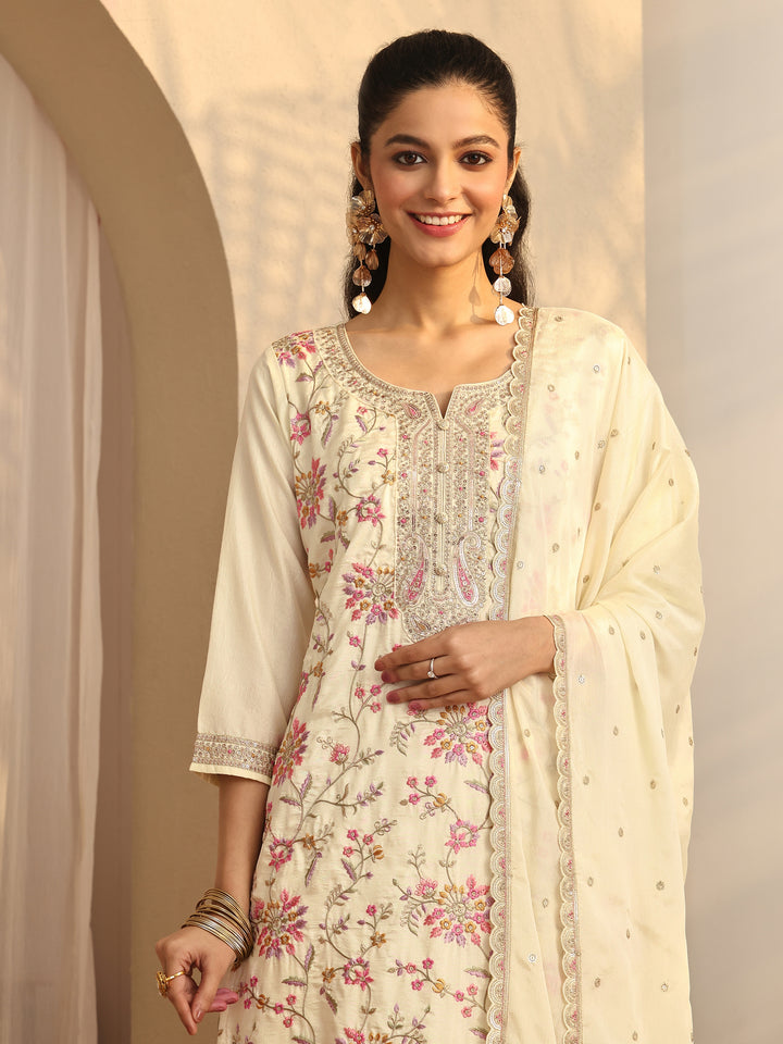 Off White Embroidered Silk Blend Straight Suit Set With Dupatta