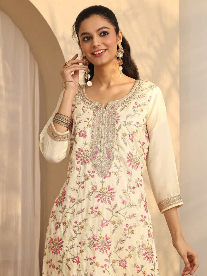 Off White Embroidered Silk Blend Straight Suit Set With Dupatta