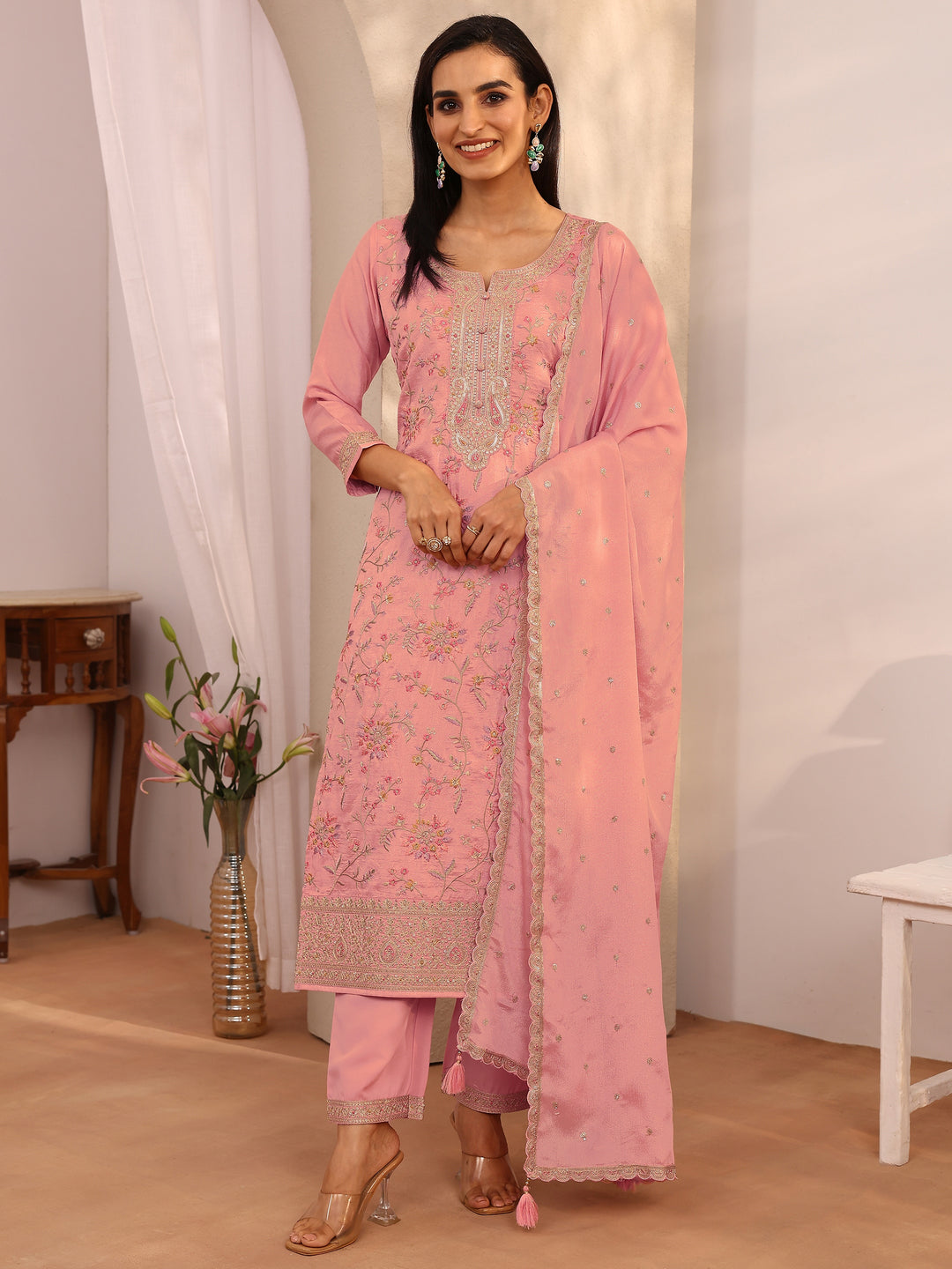 Pink Embroidered Silk blend Straight Suit Set With Dupatta