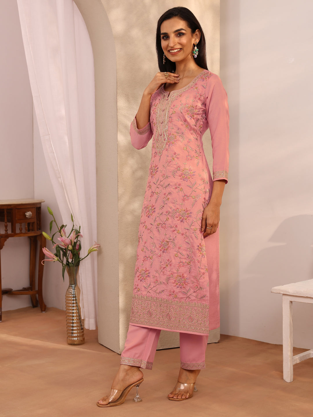 Pink Embroidered Silk blend Straight Suit Set With Dupatta