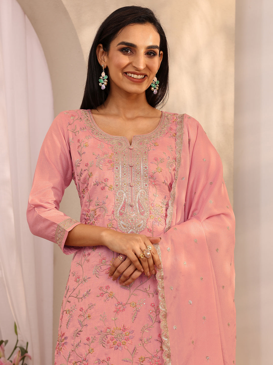 Pink Embroidered Silk blend Straight Suit Set With Dupatta