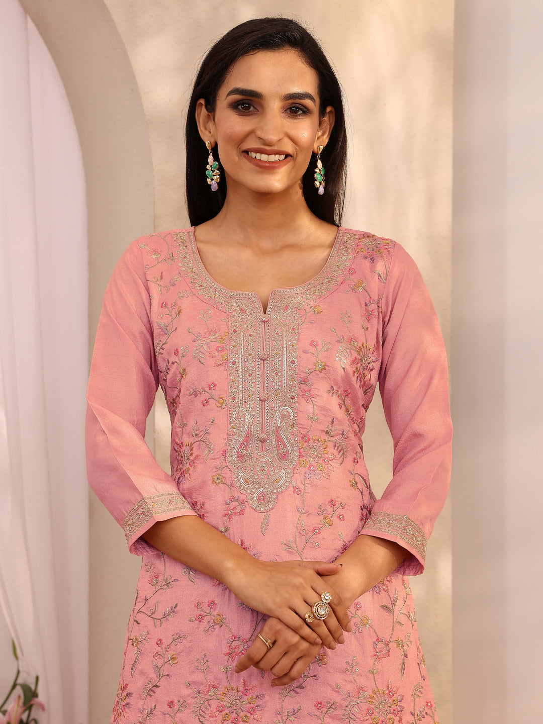 Pink Embroidered Silk blend Straight Suit Set With Dupatta