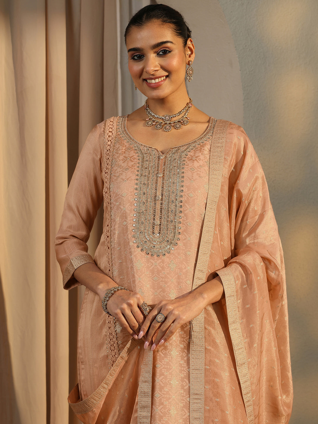 Peach Embroidered Silk Blend Straight Suit Set With Dupatta