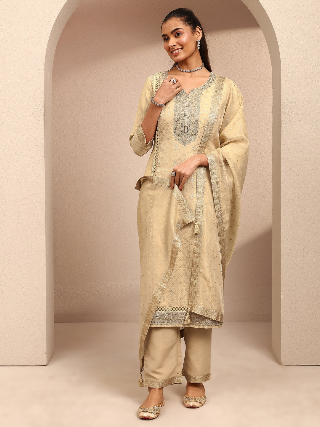 Beige Embroidered Silk Blend Straight Suit Set With Dupatta