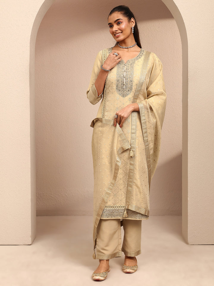 Beige Embroidered Silk Blend Straight Suit Set With Dupatta