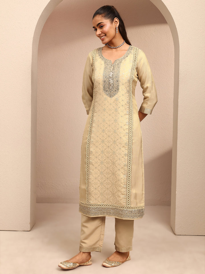 Beige Embroidered Silk Blend Straight Suit Set With Dupatta