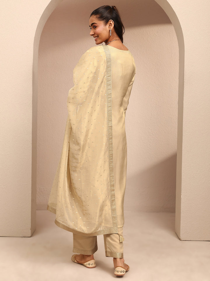 Beige Embroidered Silk Blend Straight Suit Set With Dupatta
