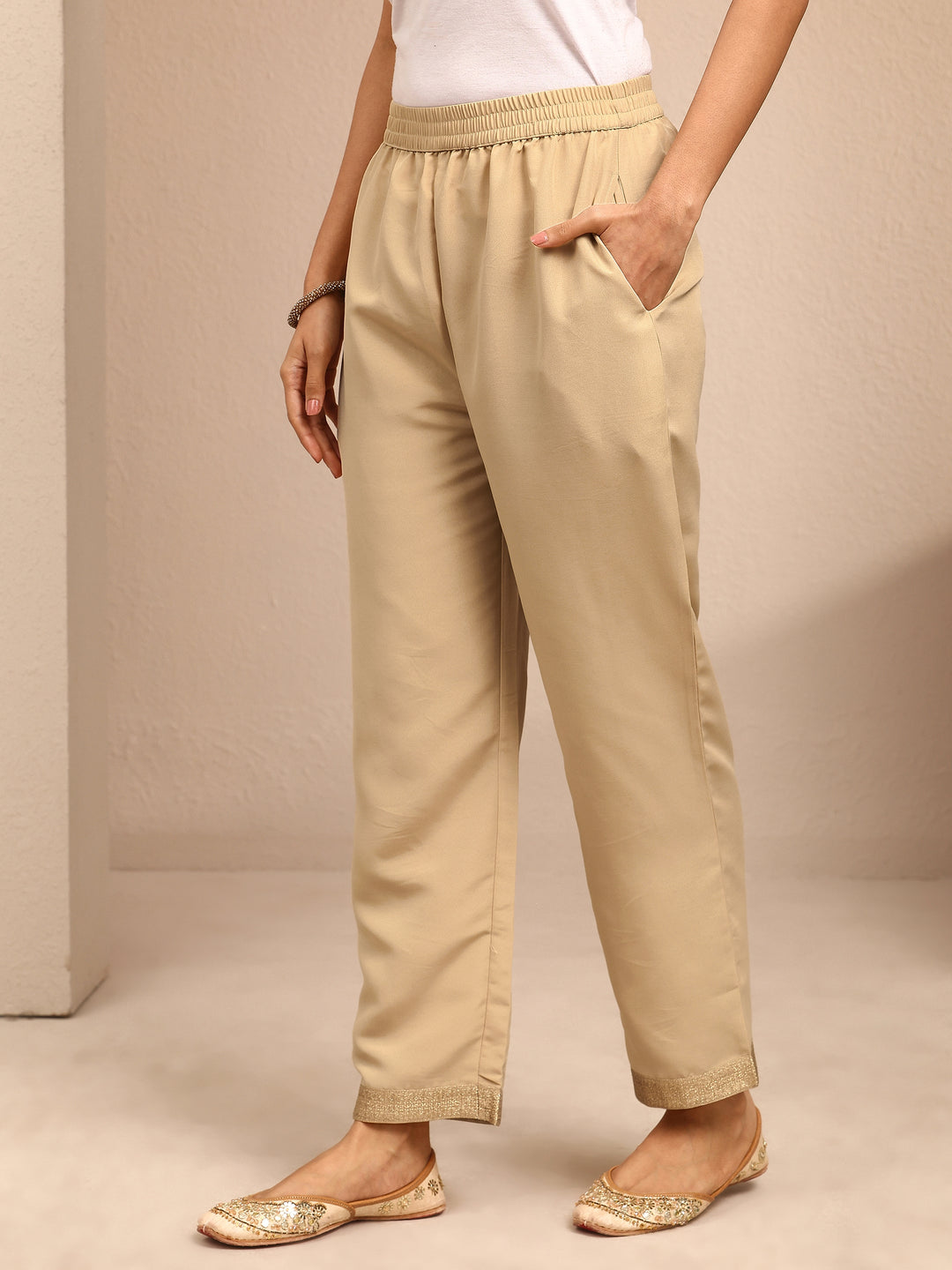 Beige Embroidered Silk Blend Straight Suit Set With Dupatta