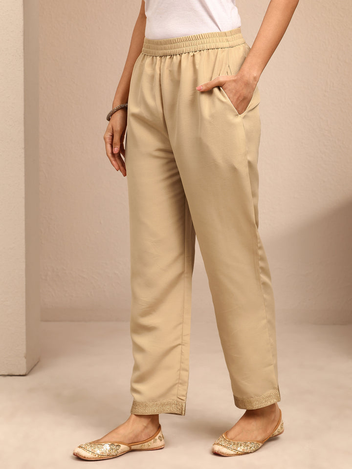 Beige Embroidered Silk Blend Straight Suit Set With Dupatta