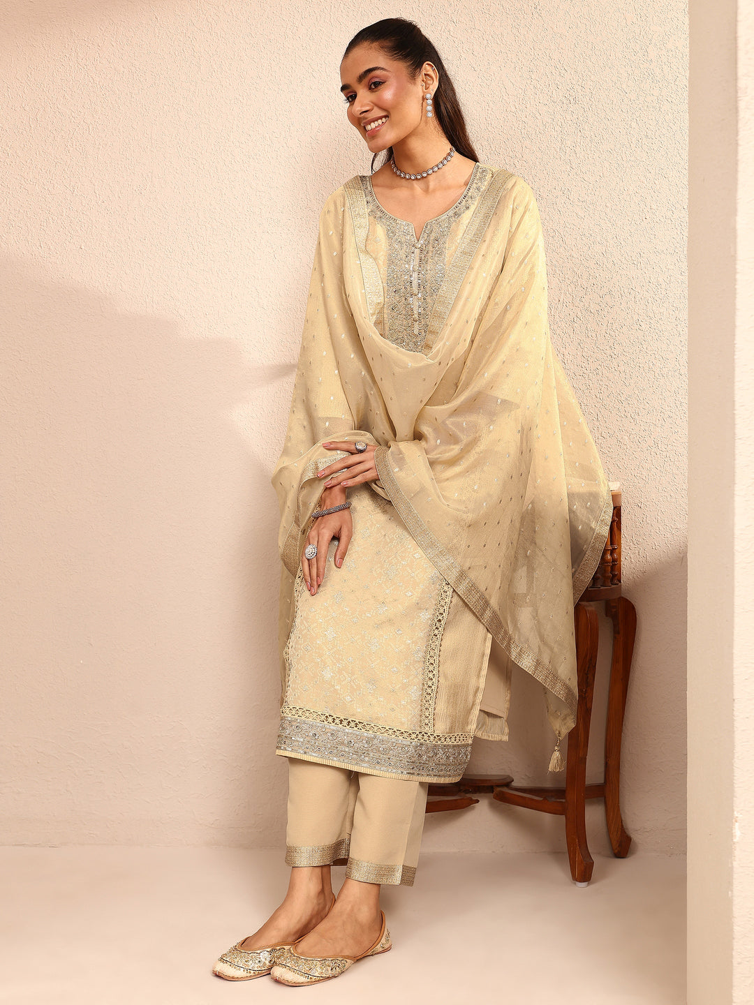 Beige Embroidered Silk Blend Straight Suit Set With Dupatta