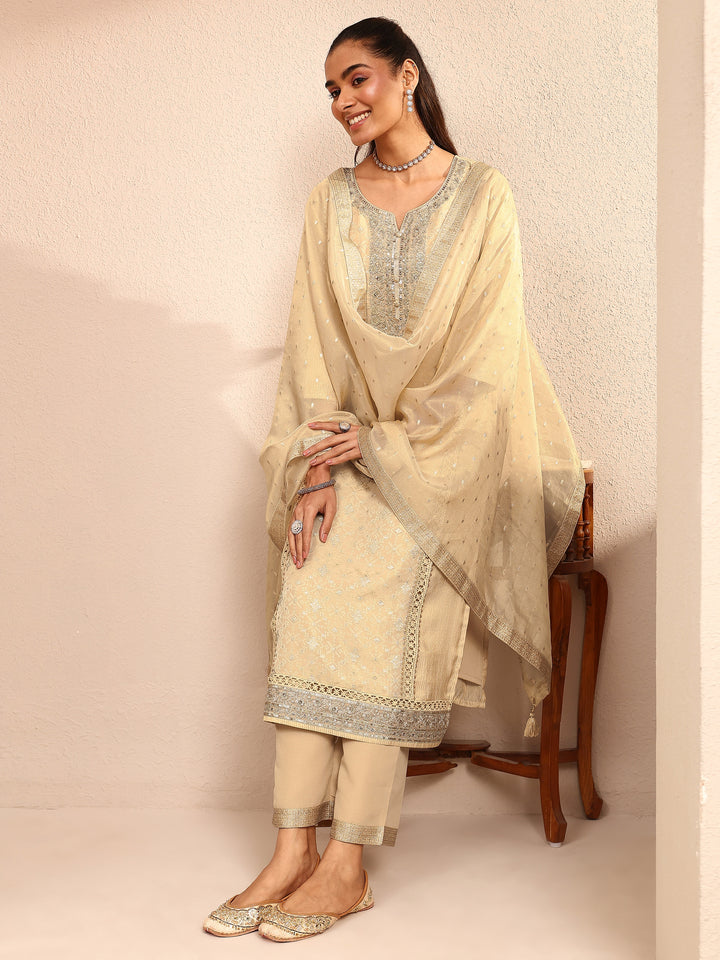 Beige Embroidered Silk Blend Straight Suit Set With Dupatta