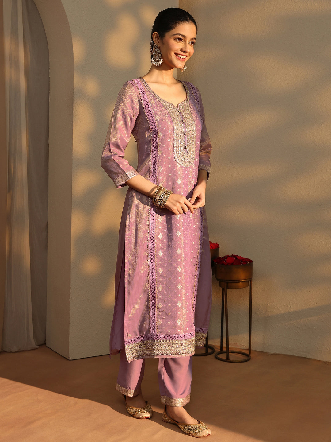 Mauve Ethnic Motifs Woven Design Silk Blend Straight Suit Set With Dupatta
