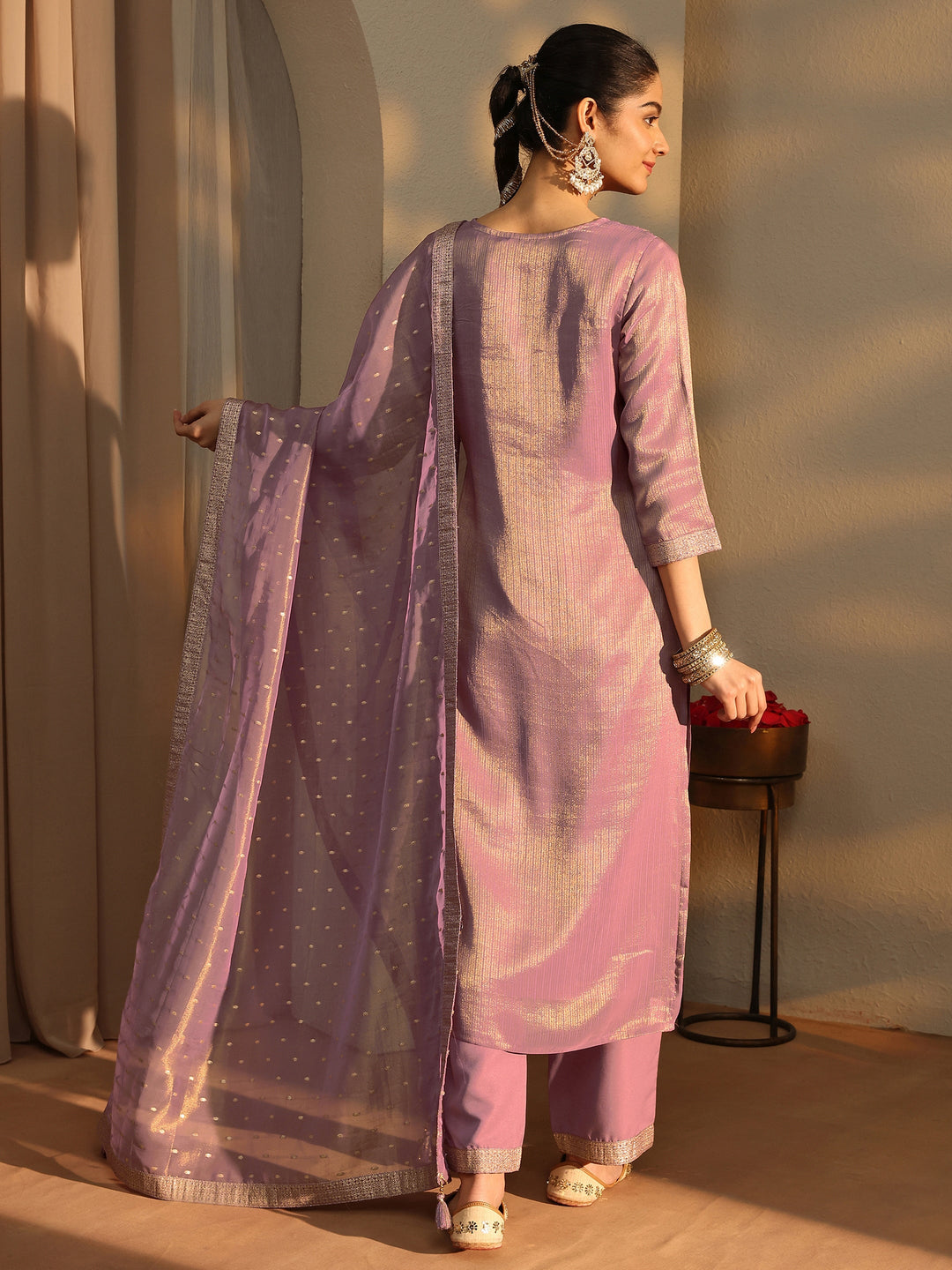 Mauve Ethnic Motifs Woven Design Silk Blend Straight Suit Set With Dupatta