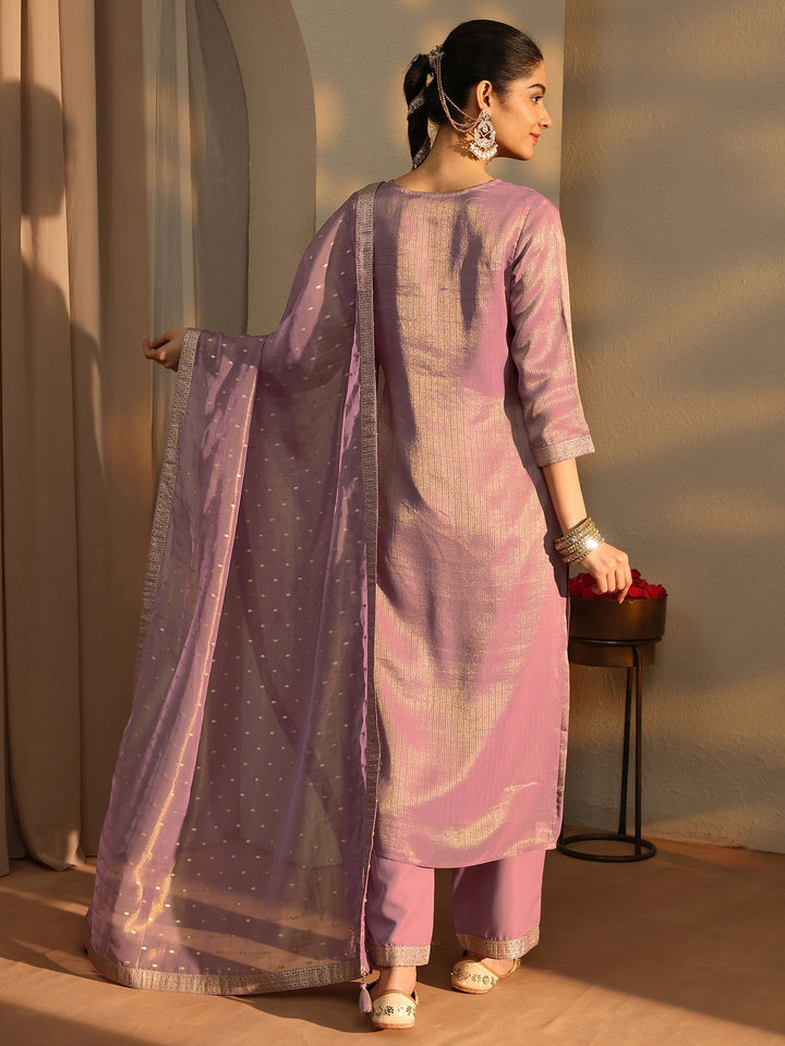 Mauve Ethnic Motifs Woven Design Silk Blend Straight Suit Set With Dupatta