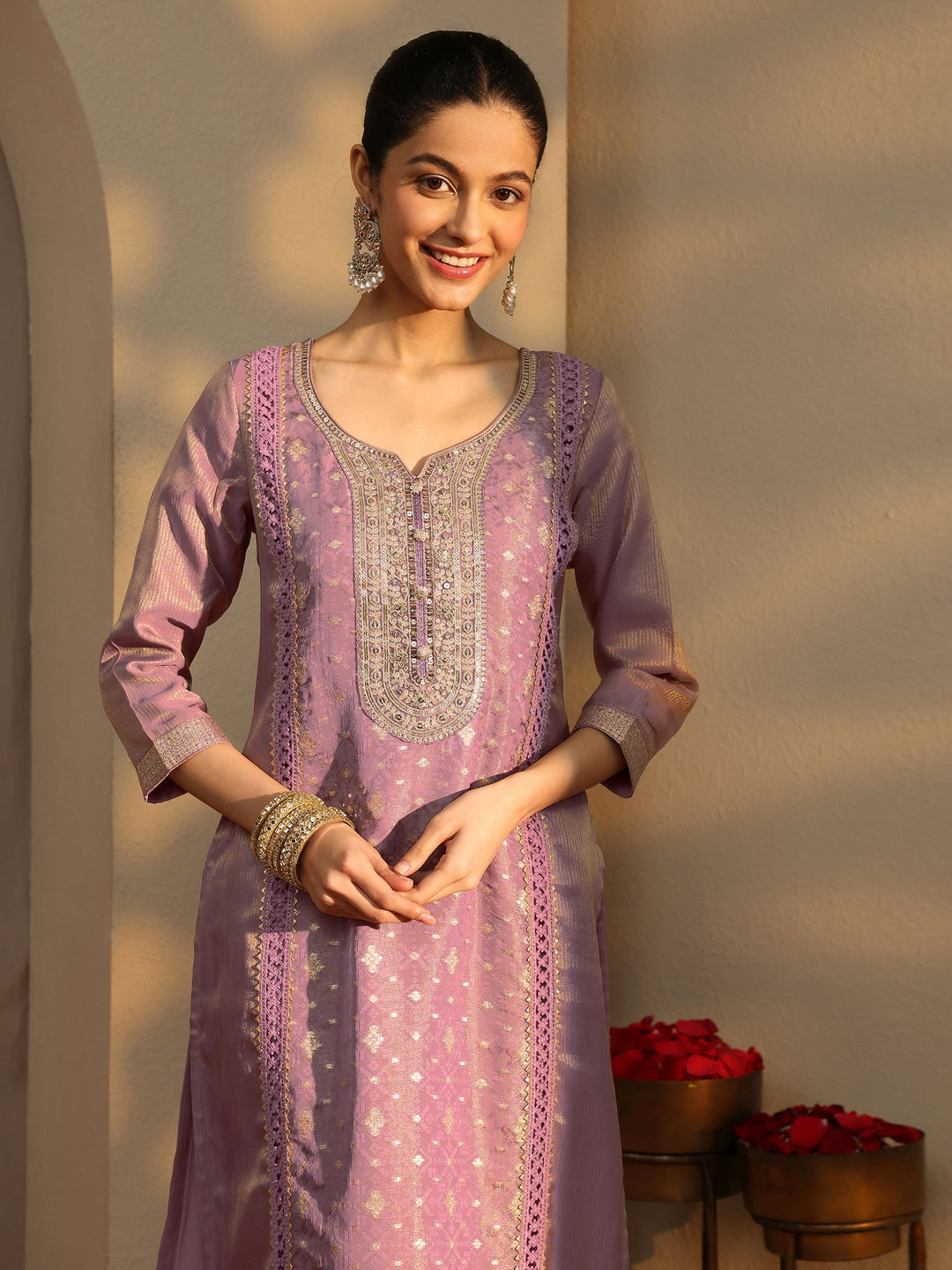 Mauve Ethnic Motifs Woven Design Silk Blend Straight Suit Set With Dupatta