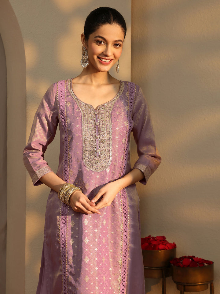 Mauve Ethnic Motifs Woven Design Silk Blend Straight Suit Set With Dupatta