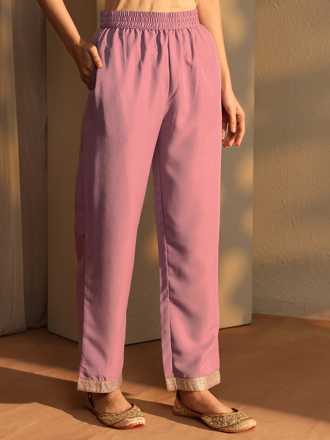 Mauve Ethnic Motifs Woven Design Silk Blend Straight Suit Set With Dupatta