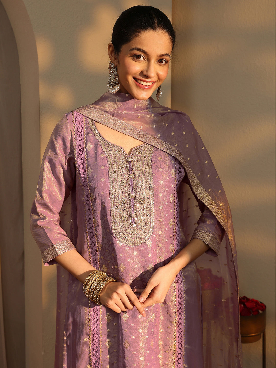Mauve Ethnic Motifs Woven Design Silk Blend Straight Suit Set With Dupatta