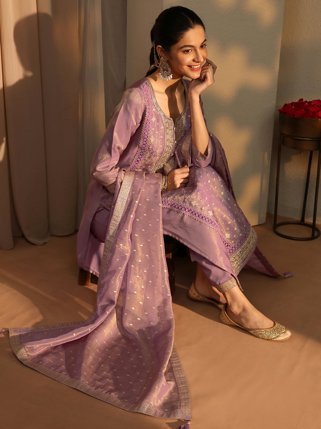 Mauve Ethnic Motifs Woven Design Silk Blend Straight Suit Set With Dupatta