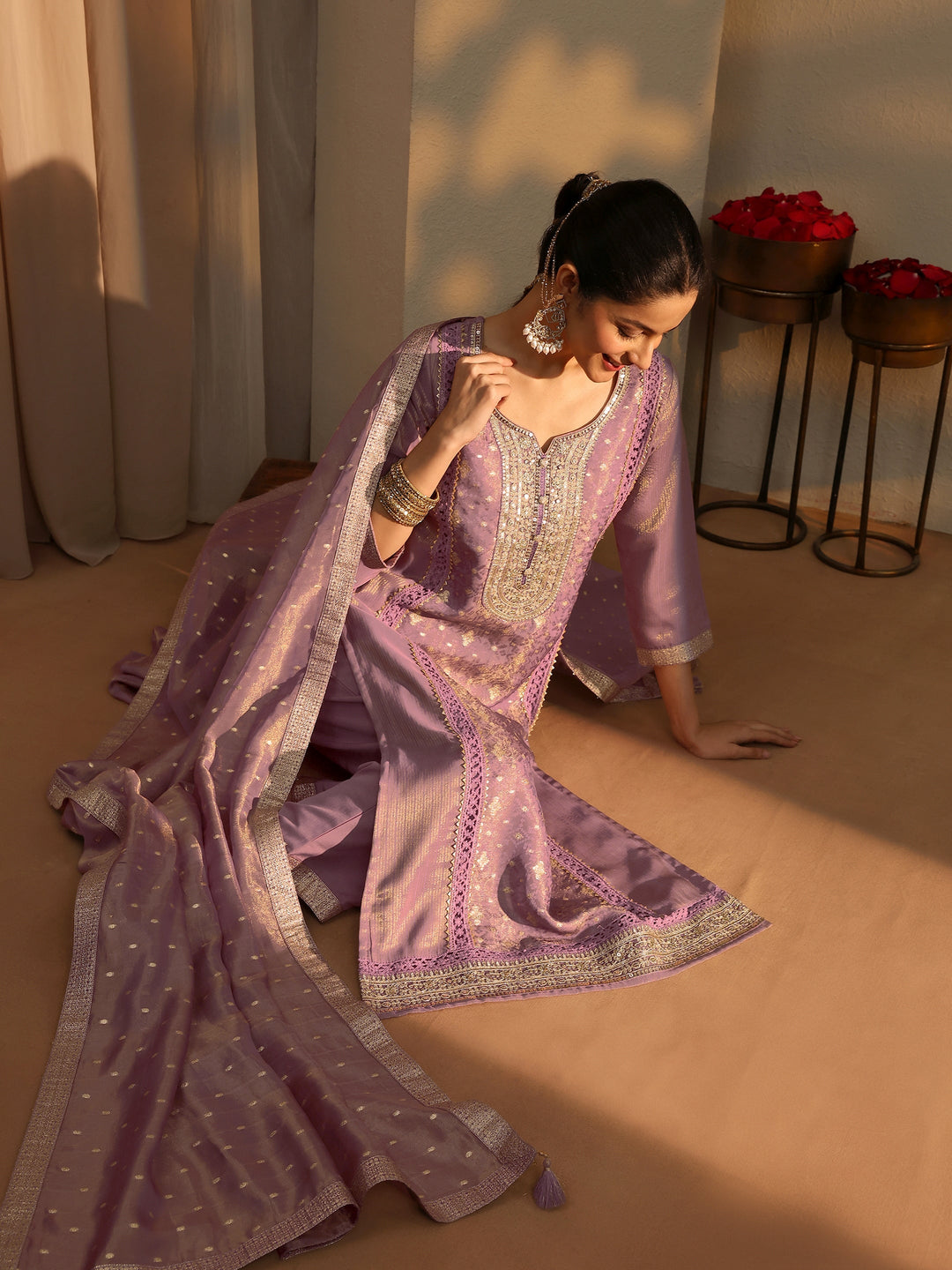 Mauve Ethnic Motifs Woven Design Silk Blend Straight Suit Set With Dupatta