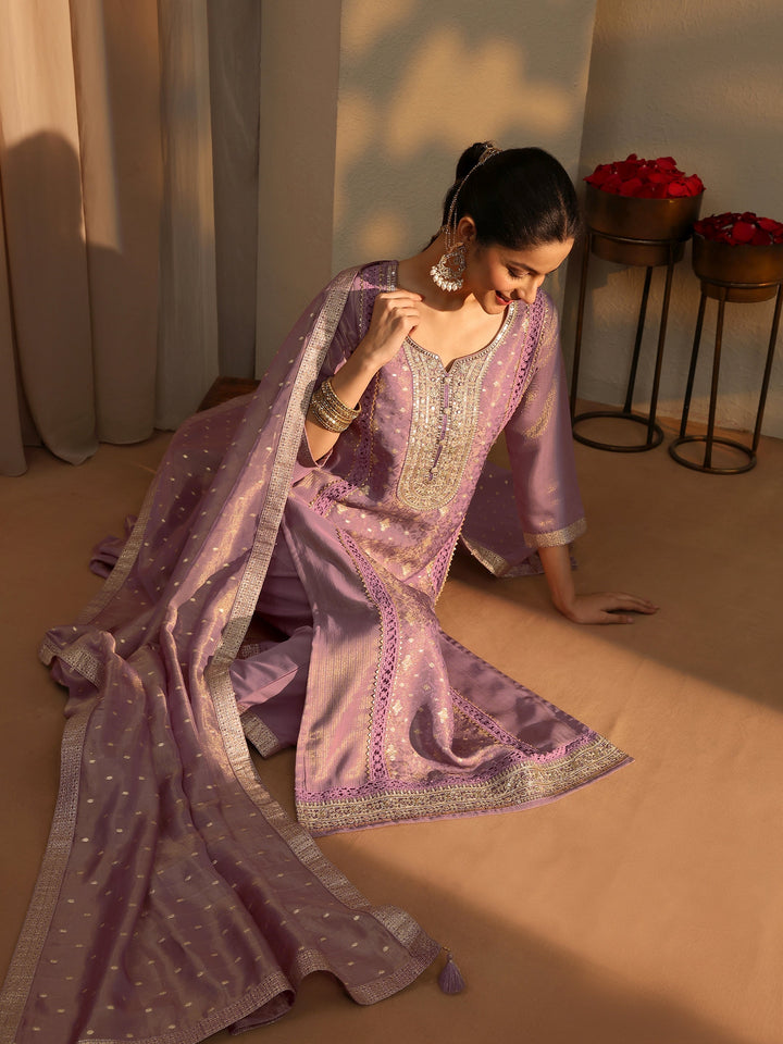 Mauve Ethnic Motifs Woven Design Silk Blend Straight Suit Set With Dupatta