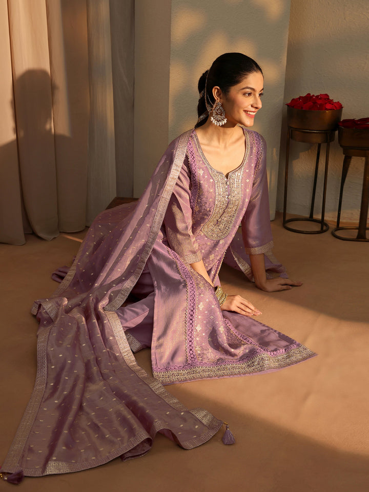 Mauve Ethnic Motifs Woven Design Silk Blend Straight Suit Set With Dupatta