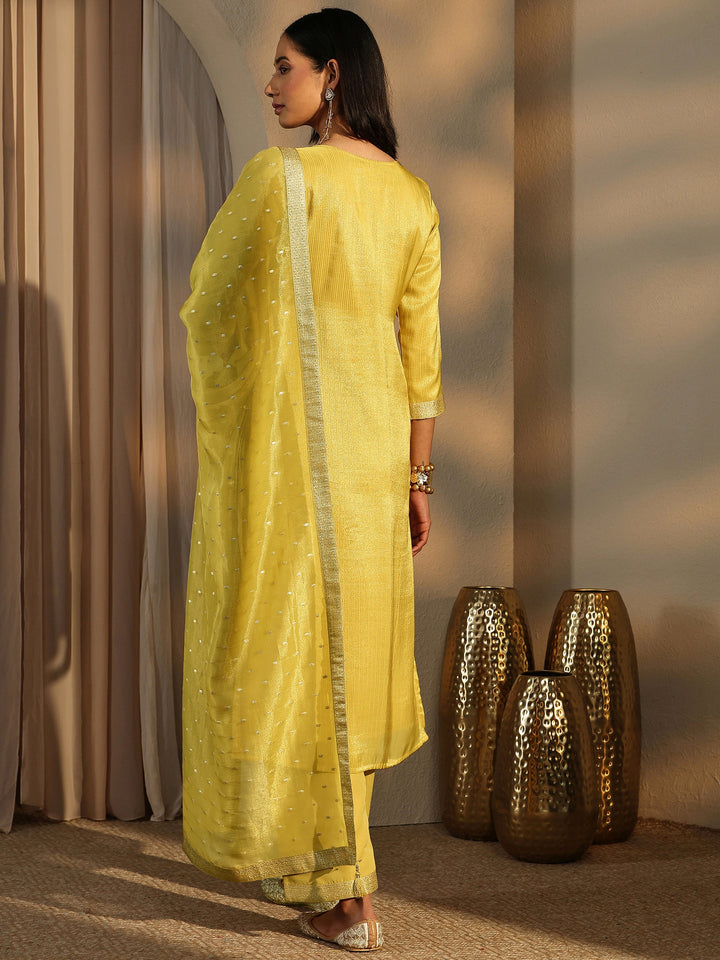 Lime Green Embroidered Silk Blend Straight Suit Set With Dupatta