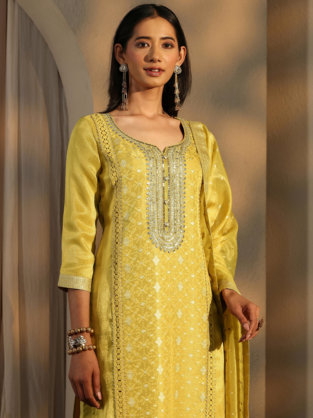Lime Green Embroidered Silk Blend Straight Suit Set With Dupatta