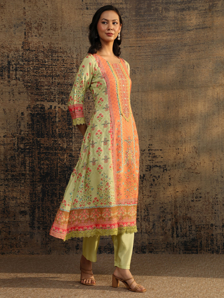 Multi Printed Muslin A-Line Suit Set With Dupatta