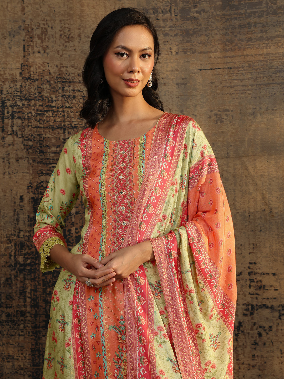 Multi Printed Muslin A-Line Suit Set With Dupatta