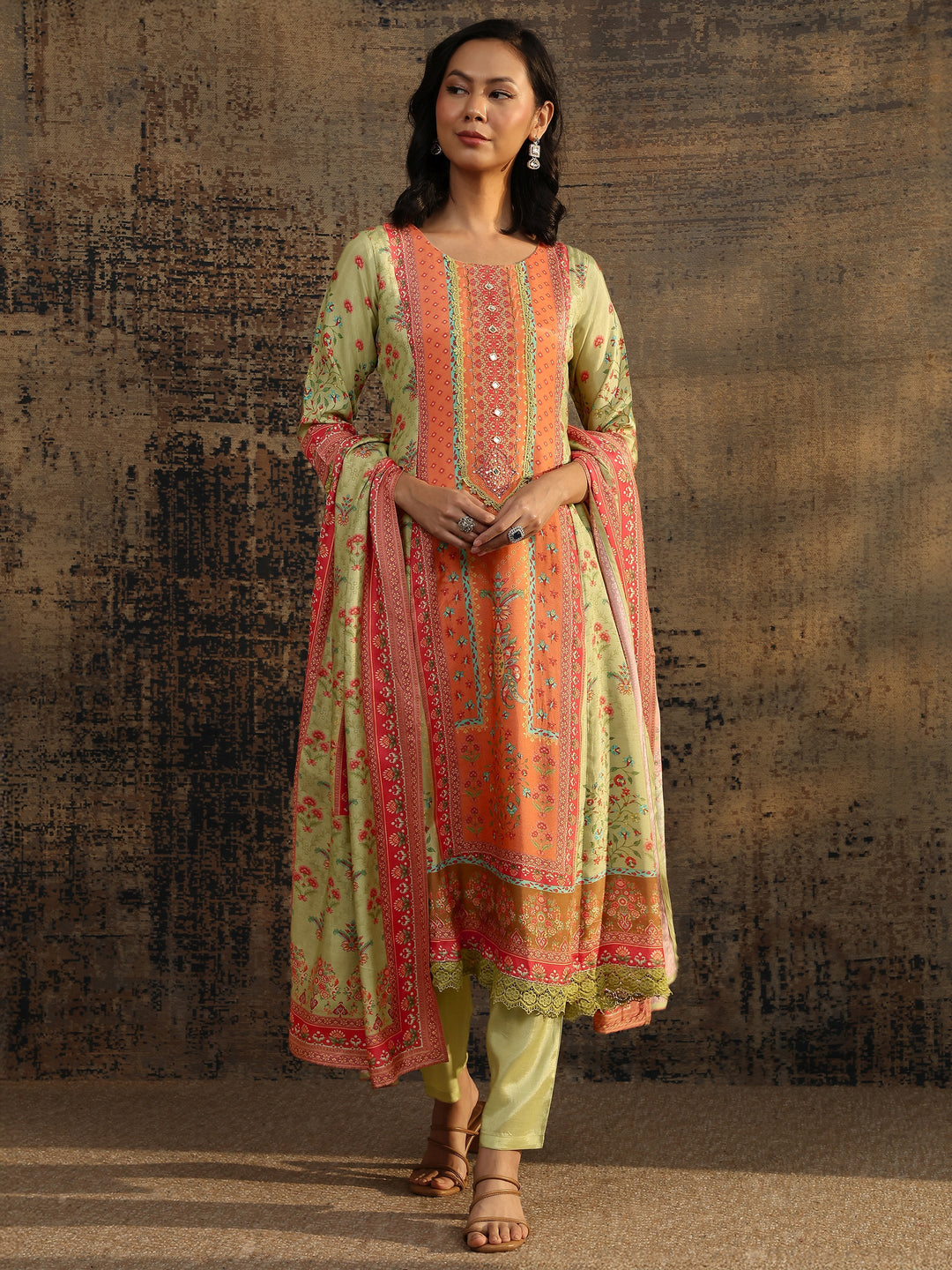 Multi Printed Muslin A-Line Suit Set With Dupatta