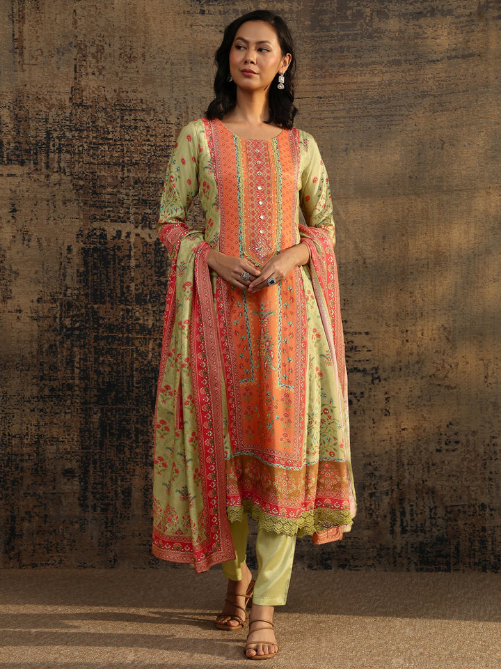 Multi Printed Muslin A-Line Suit Set With Dupatta