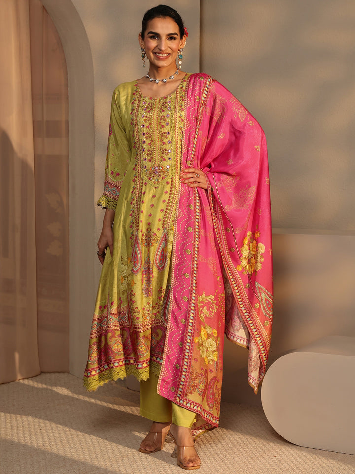 Multi Floral Muslin A-Line Suit Set With Dupatta