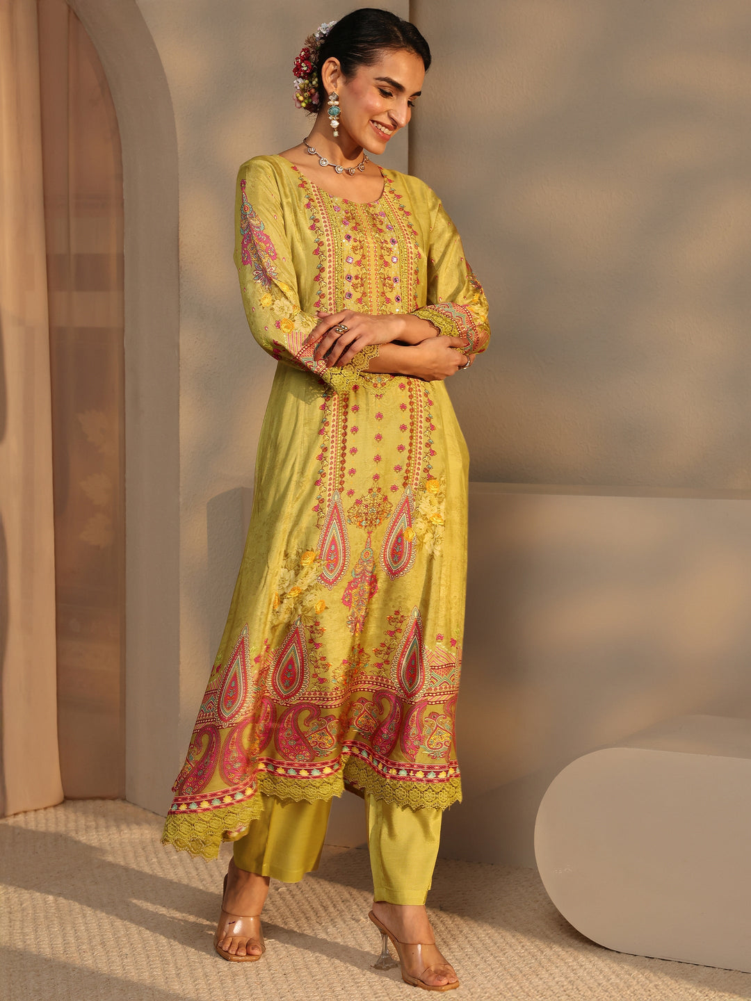 Multi Floral Muslin A-Line Suit Set With Dupatta