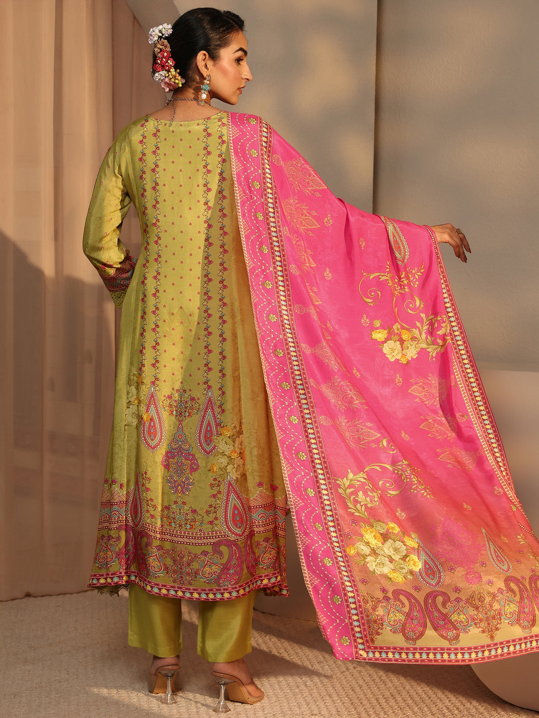 Multi Floral Muslin A-Line Suit Set With Dupatta