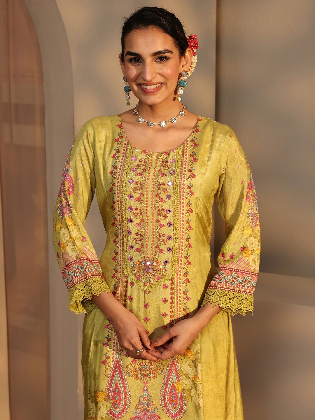Multi Floral Muslin A-Line Suit Set With Dupatta