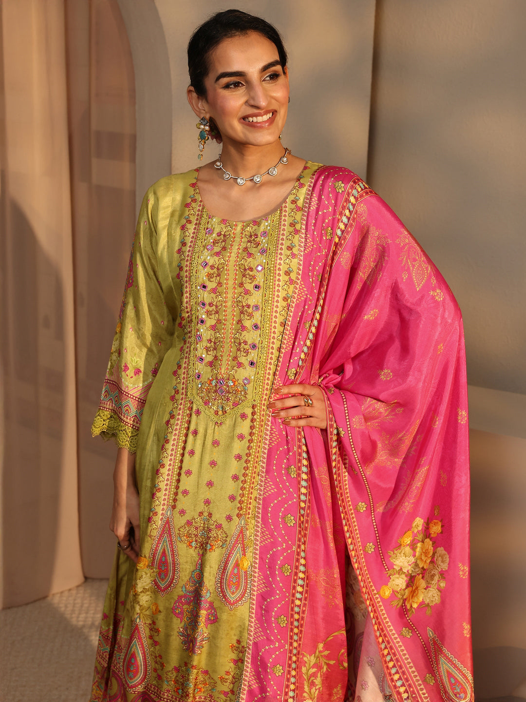 Multi Floral Muslin A-Line Suit Set With Dupatta