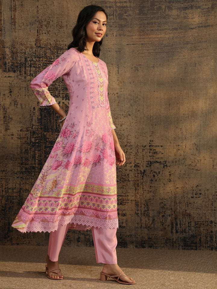 Lavender Printed Muslin A-Line Suit Set With Dupatta