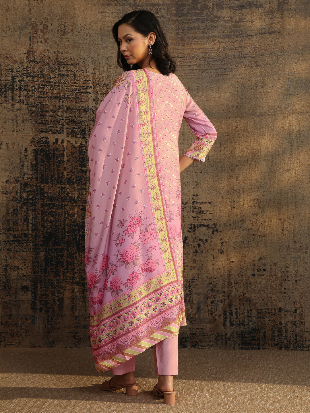 Lavender Printed Muslin A-Line Suit Set With Dupatta